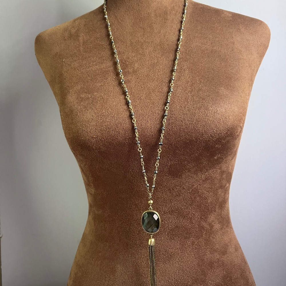 Lucky Brand Reversible Tassel Necklace Gold Tone Resin 32" Whimsigoth‎